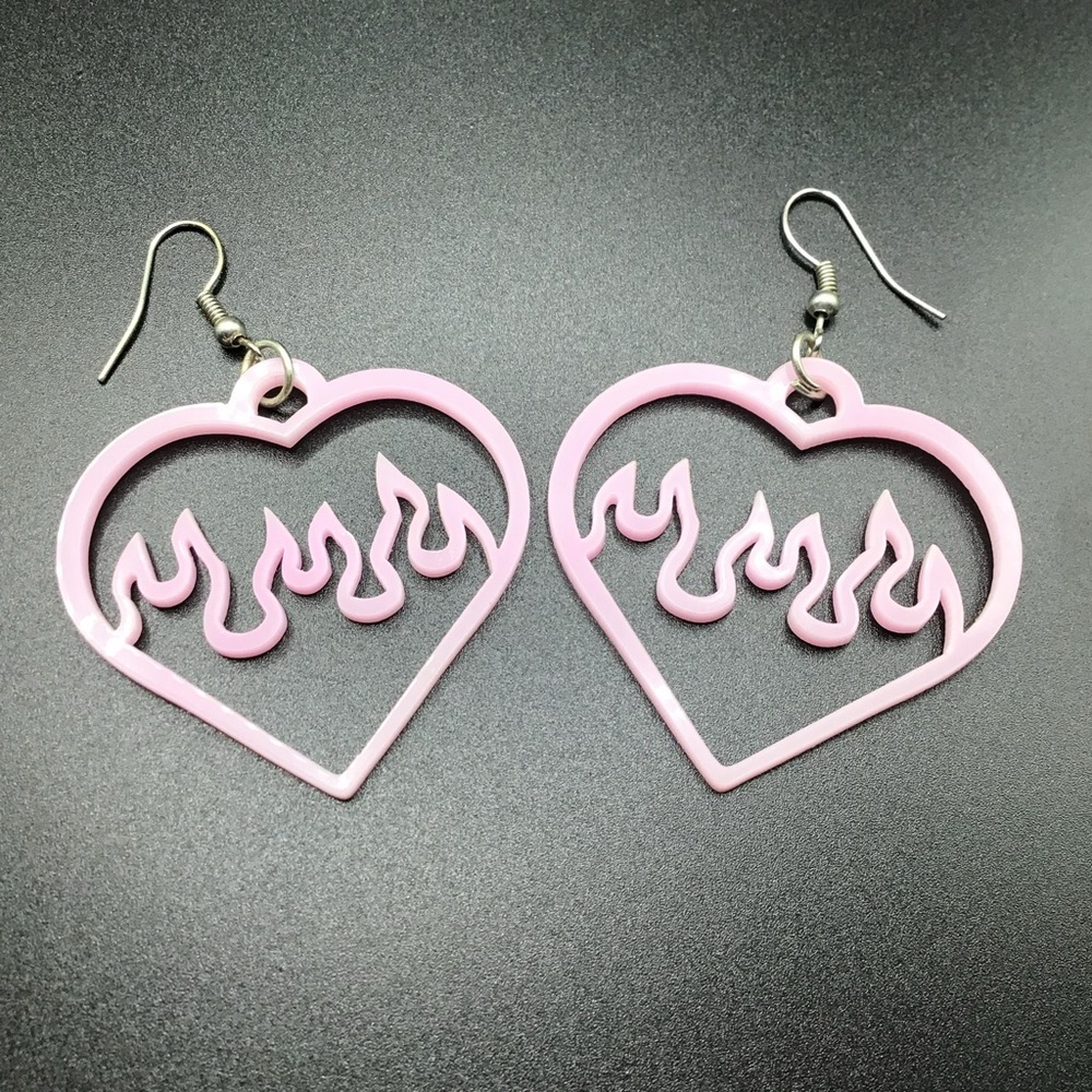 Pink Hearts with Flames Earrings